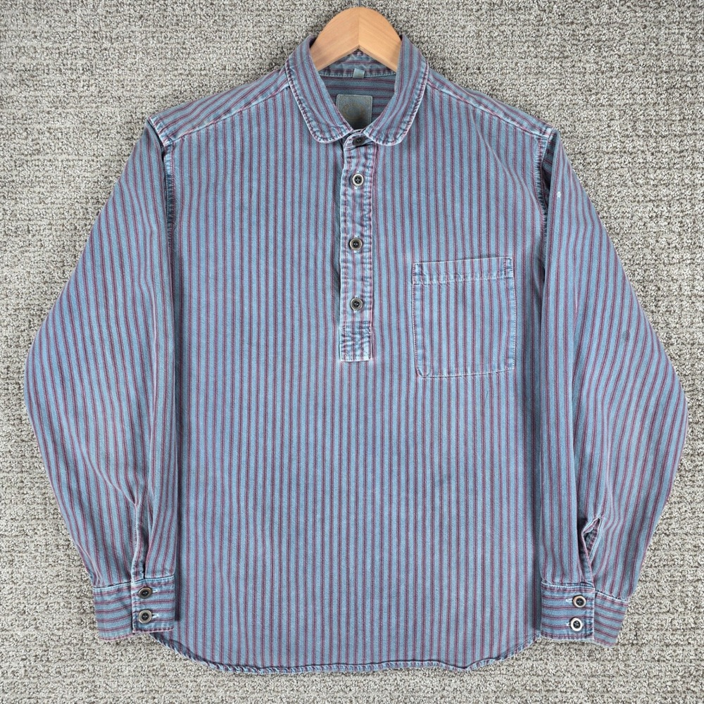 Vtg Wah Maker Mens Henley Shirt Large Blue Striped Long Sleeve Popover Large